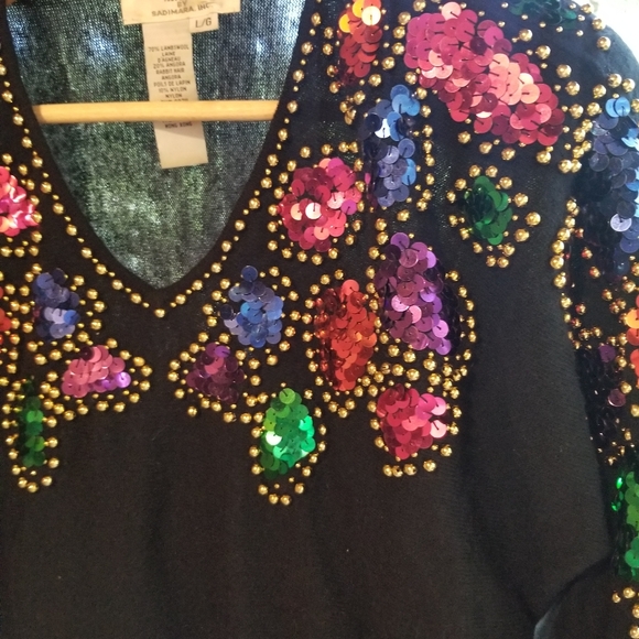 Large Anne Klein Knitwear ladies Sequin Sweater black rainbow long sleeve v neck - Picture 9 of 11